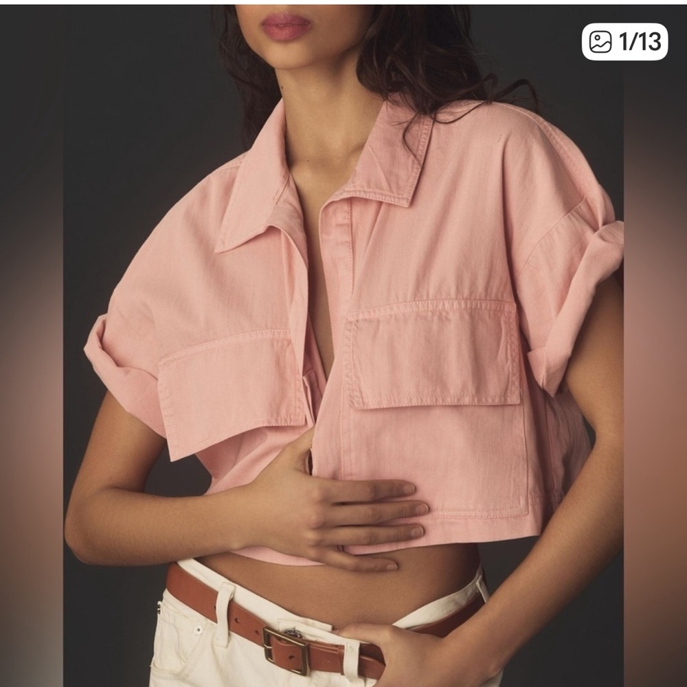 Pilcro Soft Pink Cropped‎ Boxy Short-Sleeve Top twill denim small